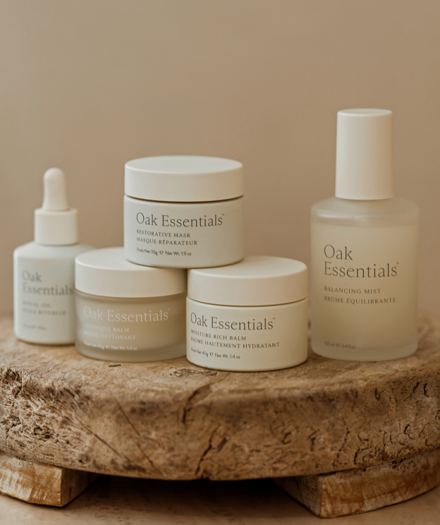 Image of The Routine products on a wooden tray on a counter.